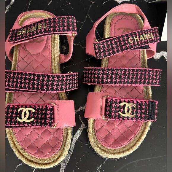 CHANEL Pink Tweed Dad Sandals Rare Colorway Size 38 in ORIGINAL BOX - Picture 3 of 11